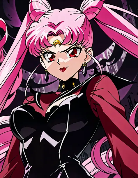 sailor moon wicked lady, pink hair, red eyes, ,  black crescent moon mark on forehead , very evil smirk,beautiful body,shaded fa...