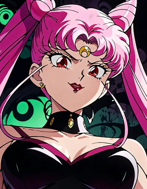 sailor moon wicked lady, pink hair, red eyes, ,  black crescent moon mark on forehead , very evil smirk,beautiful body,shaded fa...