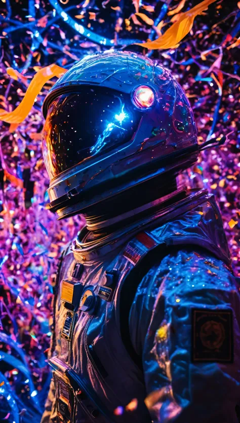 A towering astronaut stands at the center of a chaotic, surreal scene, his suit battered and dirtied from untold journeys through the cosmos. His helmet, however, is a glowing masterpiece—wrapped in a web of brilliant LED lights that pulse in sync with an ...