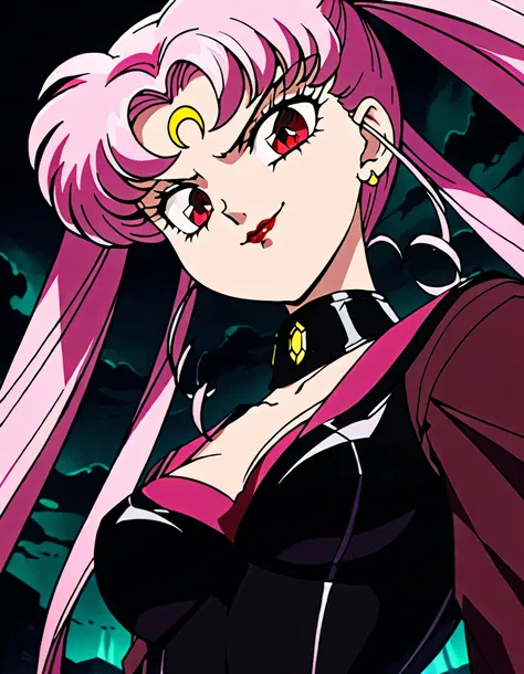 sailor moon wicked lady, pink hair, red eyes, ,  black crescent moon mark on forehead , very evil smirk,beautiful body,shaded fa...