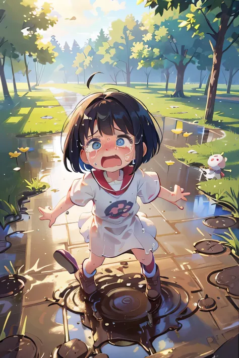 Best Quality、 high resolution on down、(High image quality:1.2)、masterpiece、 detailed background、 detailed eyes 、Teenage beauty、 bob cut、 ponytail、after school、The girl who was playing in the school yard is running around cheerfully 、( accidentally falls into a muddy puddle and is surprised and starts crying:1.5)、cute