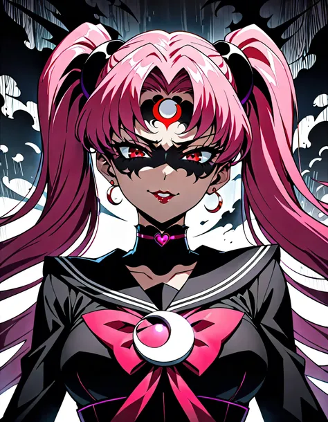 sailor moon wicked lady, pink hair, red eyes, ,  black crescent moon mark on forehead , very evil smirk,beautiful body,shaded fa...