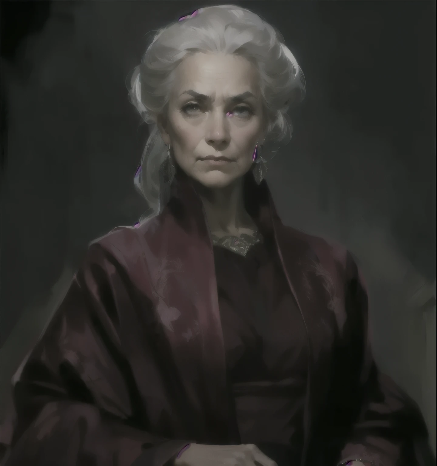 old woman, gray hair, burgundy dress, frowning eyebrows