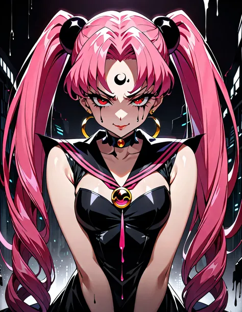 sailor moon wicked lady, pink hair, red eyes, ,  black crescent moon mark on forehead , very evil smirk,beautiful body,shaded fa...