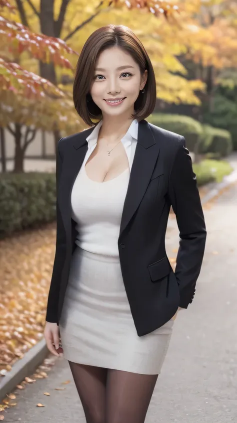 Best Quality 、8k、masterpiece、 super high definition 、Clear Photo、 Professional Lighting 、Natural Light、Realistic、 High Definition Skins 、 Perfect Anatomy、 one woman、Age 30、baby face:1.8、Big Breasts、blonde、 short bob hair、Beautiful Hair、smile、(Tight Suit、...