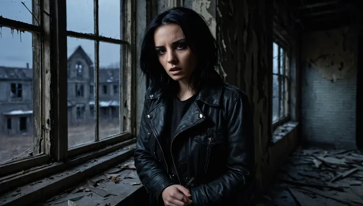 Brunette woman with black hair, with a dagger, nervous in the window of an abandoned building, cold and gloomy night, little light.
