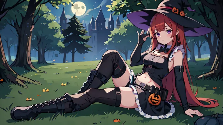 halloween background banner, 1girl, witch girl, anime witch, tactical witch clothes, witch pose, a halloween color haired stands...