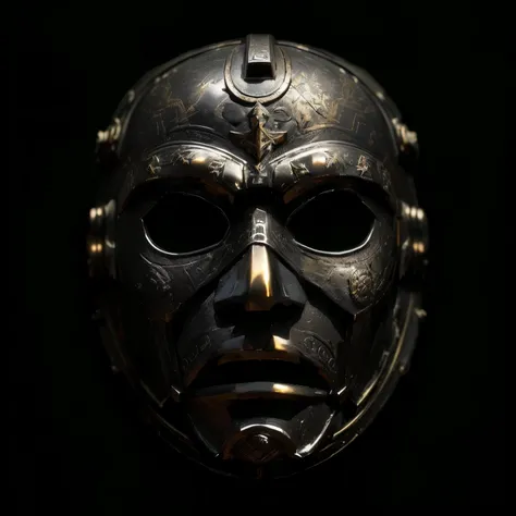 a close up of a mask with a face on a black background, metal mask, full face occult silver mask, ancient greek assassin mask, chrome mask, bronze face, iron mask and helmet, steampunk tribal mask, mask, detailed mask, clear [[bronze]] face [mask], intrica...