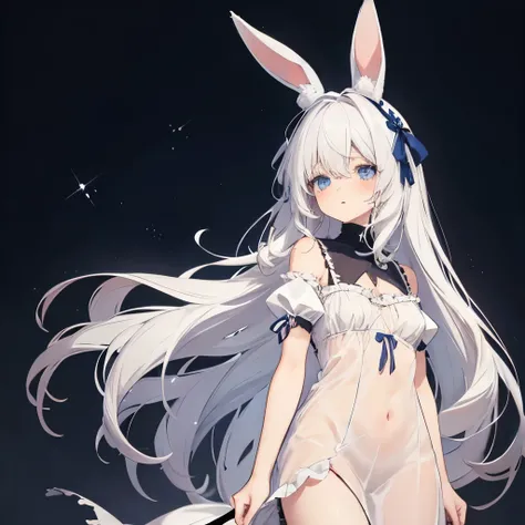 Solo character, shy, scared, full body, girl, blue eyes, white hair, bunny ears, torn long nightgown, slave clothing, gray color clothing, medieval, detailed background, detailed clothing, detailed hair, detailed bunny ears, dark cell background, medieval ...