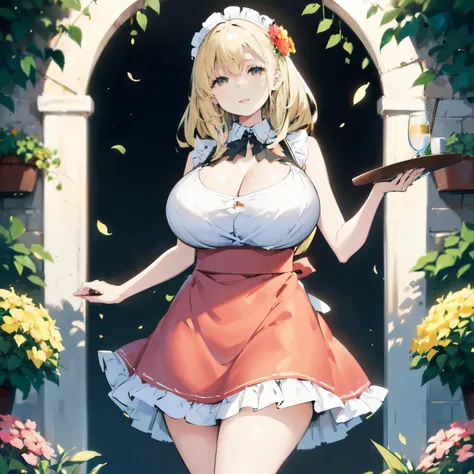 blonde hair, very huge  , ((apron ,long skirt)), ((thick, busty)), amber eyes,  upperbody, smile, cleavage, legs, thigh, garden ...