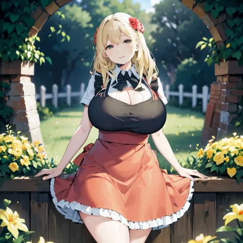 blonde hair, very huge  , ((apron ,long skirt)), ((thick, busty)), amber eyes,  upperbody, smile, cleavage, legs, thigh, garden ...