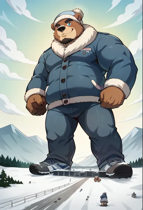 nj5furry,  grizzly bear seam,  beast field  ，pummelig, thick arms，strong muscles， Winter jacket，Plush  ，chubby face，  black eyebrows  ， sky blue eyes ， lumberjack beard ，  friendly smile ，standing on snow, on the stomach, Vati , (From underneath:1.1)，lie d...