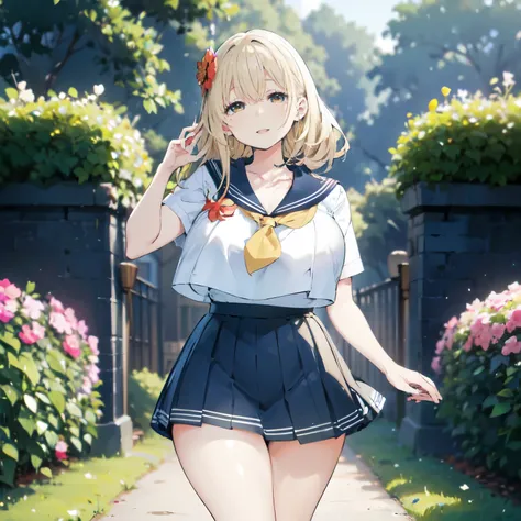 blonde hair, very huge tits , ((sailor uniform)), ((thick, busty)), amber eyes,  upperbody, smile, cleavage, legs, thigh, garden...