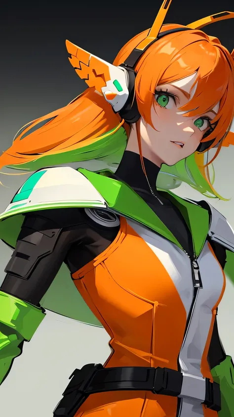 character in futuristic combination with the colors orange, green and white.