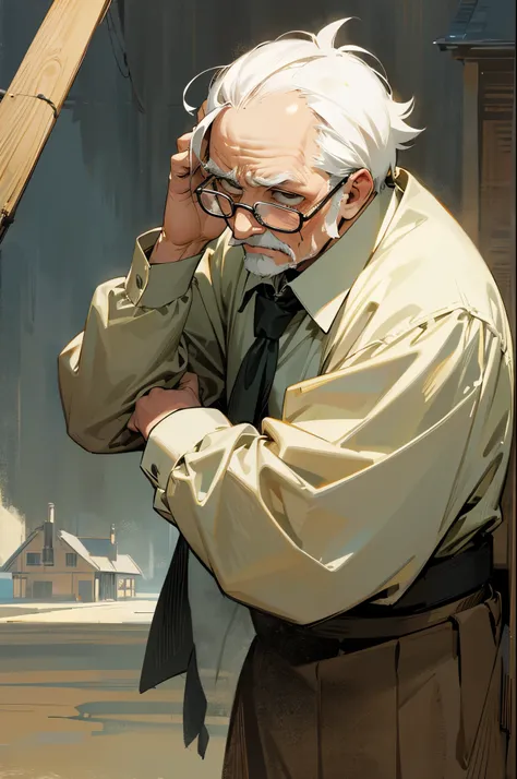 Old Man Sad expression, Glasses, House background.