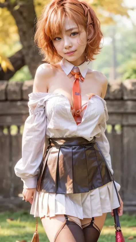 (Smaller breasts、 cleavage、 orange hair:1.6、 long-sleeved blouse :1.5、 pleated skirt :1.3、 Over Knee High Socks:1.7))、( woman leaning forward looking into an autumn park:1.3、Autumn leaves season、Red autumn leaves、 tree dyed in autumn leaves 々々)、(Realistic、...