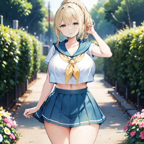 blonde hair, very huge tits , ((sailor uniform, blue short skirt)), thick, busty, green eyes,  ponytail hair, upperbody, smile, ...