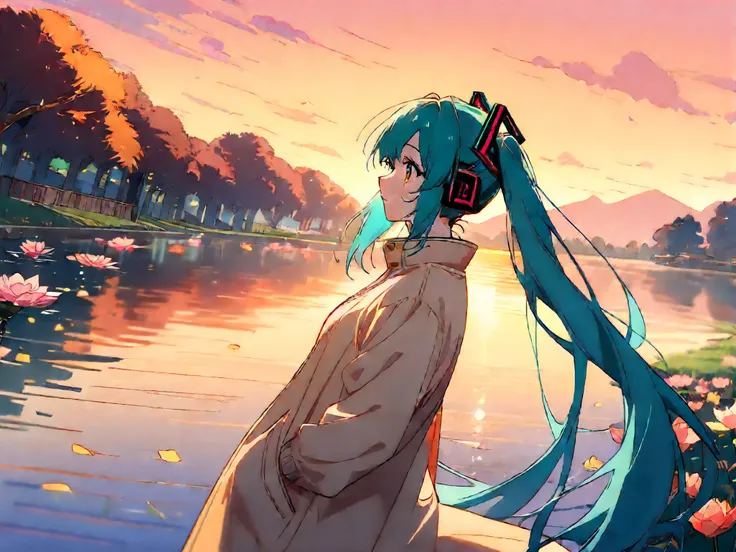 (masterpiece:1.2), (best quality:1.2), (digital illustration:1.2), intricate details, (1girl:1.3), (Hatsune Miku:1.4), (standing near the shore of West Lake Hangzhou:1.2), (looking out at sunrise reflection:1.2), (hands in pockets of light beige cotton jac...