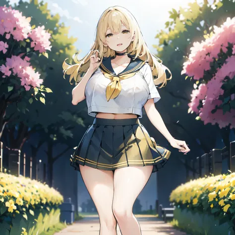 blonde hair, very huge tits , ((sailor uniform, short skirt)), thick, busty, ((yellow eyes)),upperbody, smile, cleavage, legs, l...