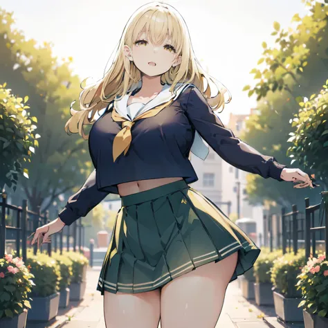 blonde hair, very huge tits , ((sailor uniform, short skirt)), thick, busty, ((yellow eyes)),upperbody, smile, cleavage, legs, l...