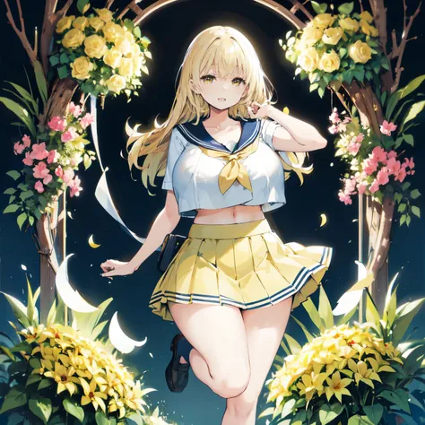 Blonde hair, very huge tits , ((sailor uniform, short skirt)), thick, busty, ((yellow eyes)),upperbody, smile, cleavage, legs, long hair,thigh, flower garden