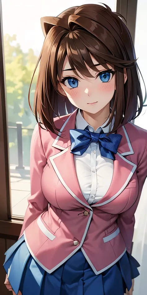 1 Female,High definition,high resolution,Ultra-realistic,8K, aamazaki, (antenna hair:1.2), blue eyes,blue bowtie, pink jacket, blazer, long sleeves, blue skirt, tight skirt, miniskirt,pleated skirt, large breasts,European,sexy,Upper body close-up,Photograp...