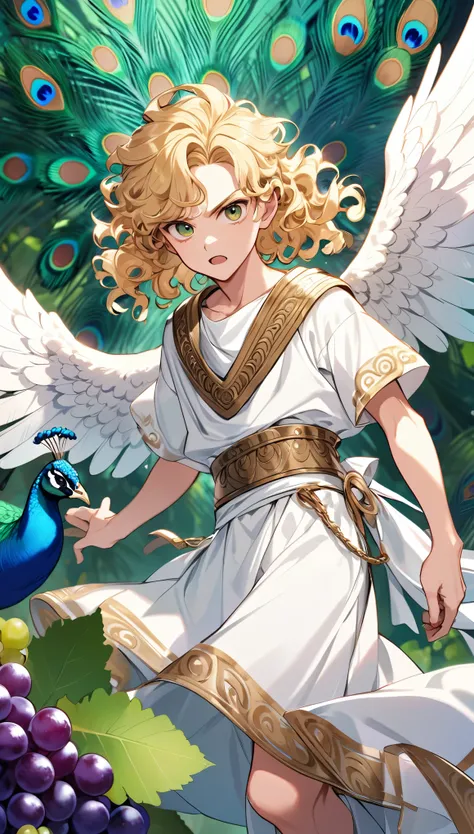 Blond boy, curly hair, ancient greek clothes, angel wings, sassy, peacock feathers, grapes