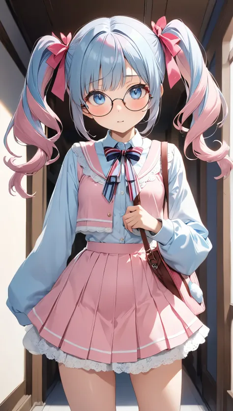 (( Light Blue and Pink Multicolor Twin Tails:1.8))、((masterpiece,Best Quality, super high definition))、(((25-year-old woman)))、（Anime face、delicate、 dynamic 、Healthy Body）、（Height: 160cm）、(( anatomically correct body ))、（Small Breasts:0.3）、（Focus on the fa...