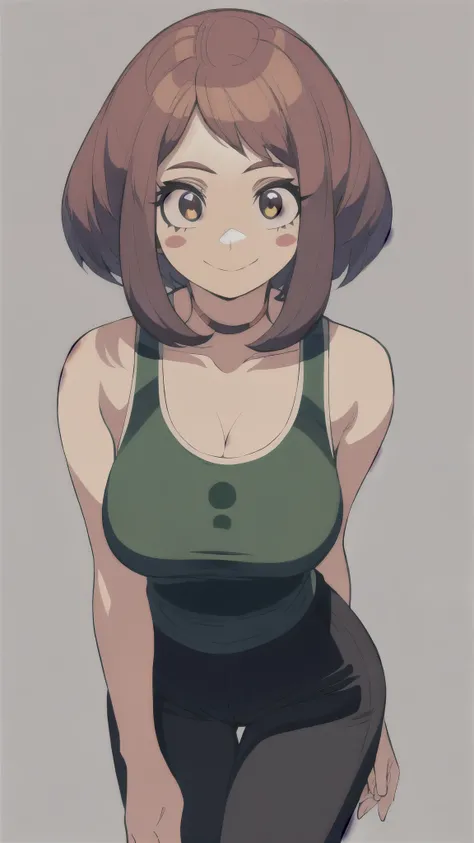 (obra maestra), (La mejor calidad), (Ultra detallado) ,(mejor ilustración), (mejor sombra), (Absurdos), ( antecedentes detallados), Ochako Uraraka, 1girl, black tank top, blue pants, blush stickers, breasts, brown eyes, brown hair, cleavage, closed mouth, ...