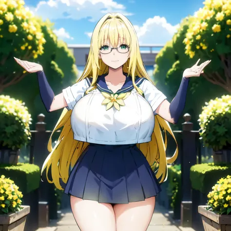 blonde hair, (((huge  tits)))  , ((sailor uniform, glasses)), thick, ((busty)), green eyes,  long hair, upperbody, smile, legs, ...