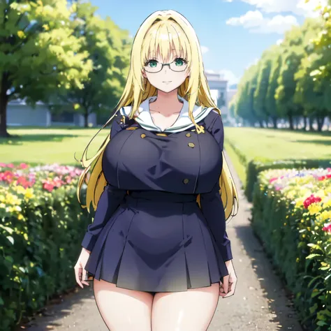 blonde hair, (((huge  tits)))  , ((sailor uniform, glasses)), thick, ((busty)), green eyes,  long hair, upperbody, smile, legs, ...