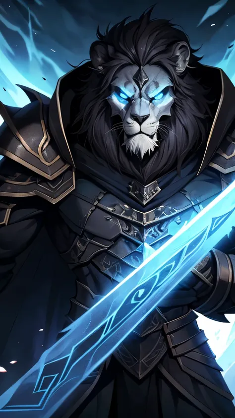 Create a representation of Lion, a dark and supernatural warrior with an intimidating and majestic presence. His helmet has a unique design, with a sharp and angular structure that completely covers his face, projecting an impassive and mysterious expressi...