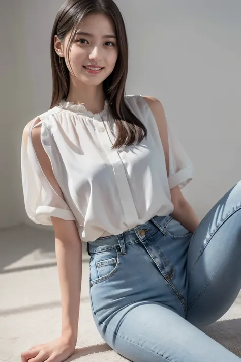 Highest quality,masterpiece,Ultra-high resolution,(Actual:1.4),Original photo,Ultra-high resolution,8K,There are also women,She is sitting on the floor. Fair skin、She is wearing a short-sleeved white blouse and jeans.,She is smiling,
Long legs:1.5,Bright a...