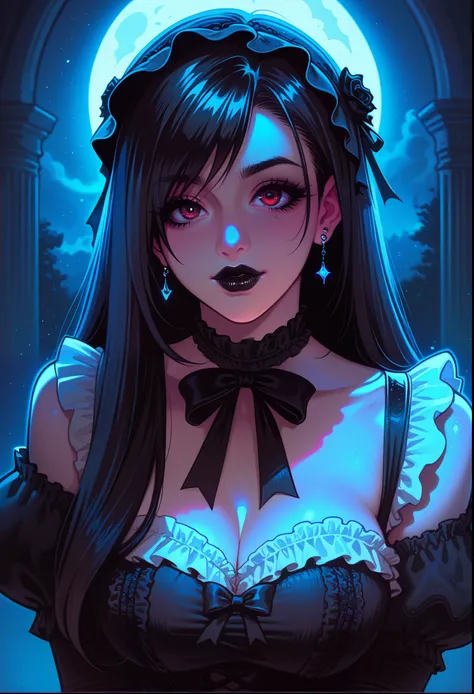 Made by melkor mancin, Tifa Lockhart, gothic lolita cosplay, piercings, black lipstick, stoic, spooky mansion, beautiful lighting and shadows,