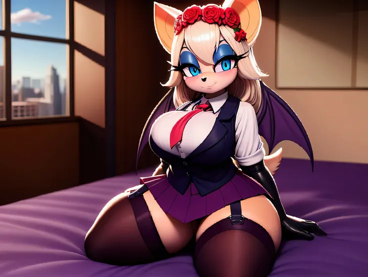 rouge the bat, blue eyes , chaleco de colegiala, ribbon with flowers on her head, long hair , sitting on the bed   ,schoolgirl s...