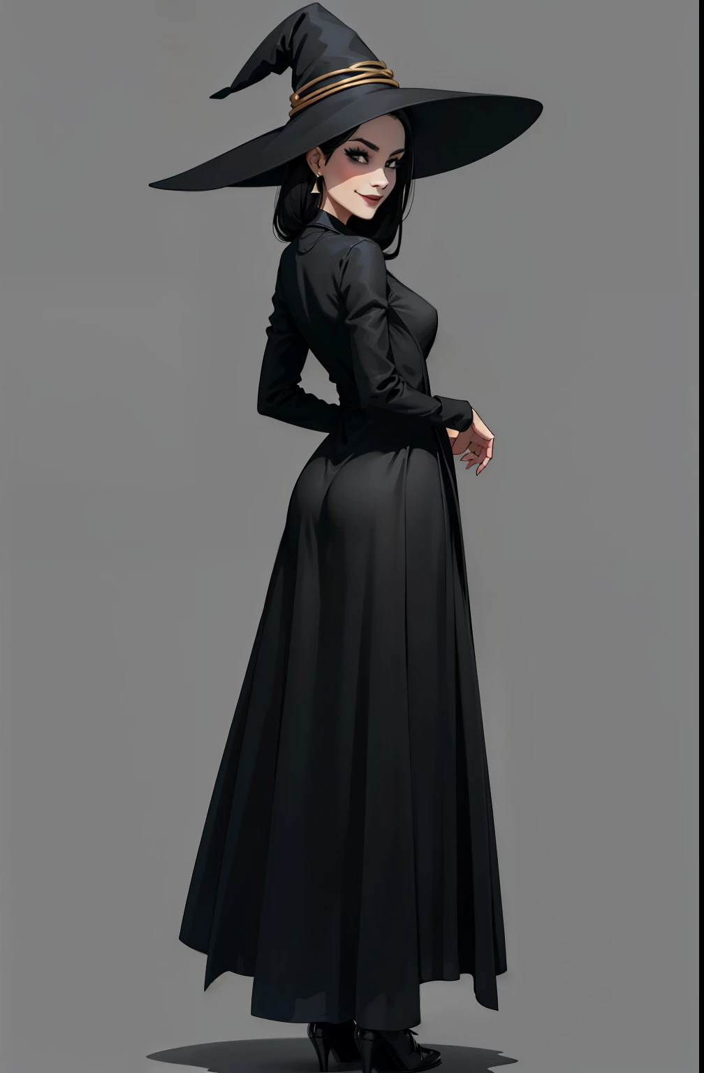 a woman, long black dress, witch hat, makeup, black lips, smiles, full body, modelsheet, backview

