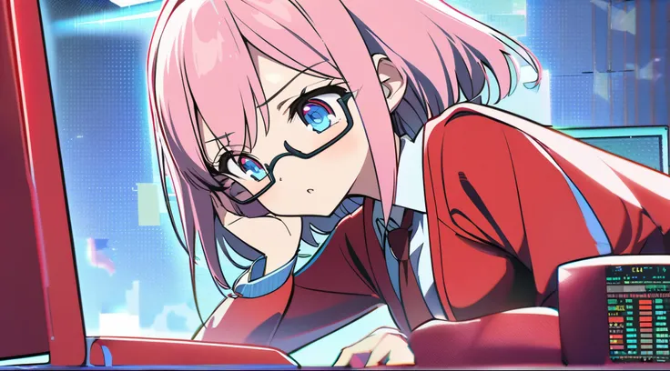 Anime style girl 、 pink hair and eyes 。Wearing glasses。 red jacket and tie 。 programming C ++ using a desktop PC。