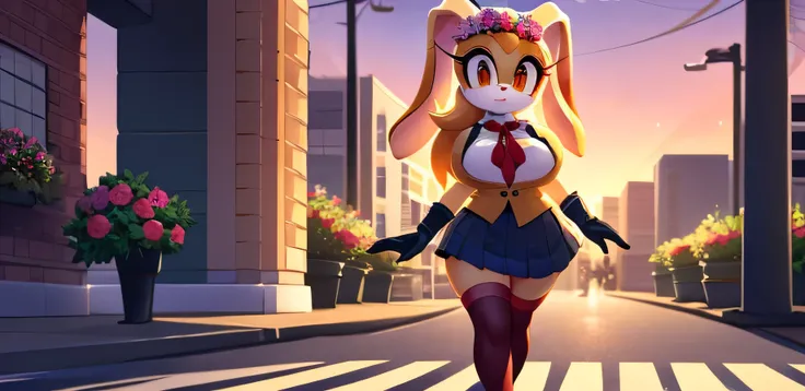 cream the rabbit,orange eyes ,schoolgirl vest, ribbon with flowers on her head, long hair ,,schoolgirl skirt, red stockings with...