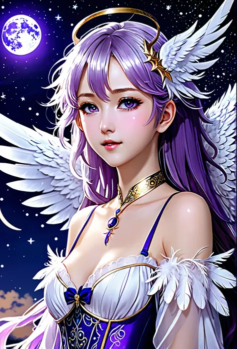 (Anime Style:1.3), Rembrandt Lighting, (masterpiece:1.2), (beautiful:1.2), (Highest quality), (Fine skin:1.3), (Intricate details), 1 Female, Late teens, Transparent beauty, Fantasy, Face Focus, Her eyes are deep purple, like stars shining in the night sky...