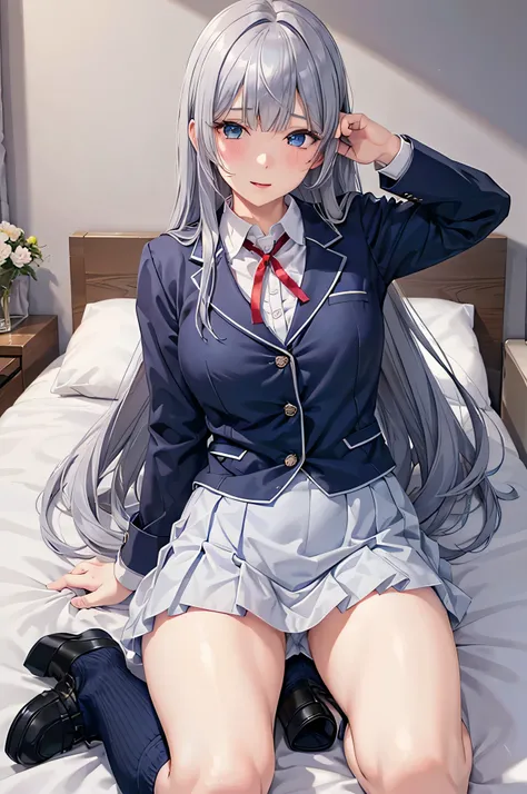  adult woman laughing, Alone,  sexy,8K resolution,((Best Quality)), super high definition, ( shy face ), ( blue eyes),  Beautiful Symmetrical Face , ( silvery long hair), blazer uniform, miniskirt, cardigan with front closure,Realistic:1.4,Realistic:1.4,(m...