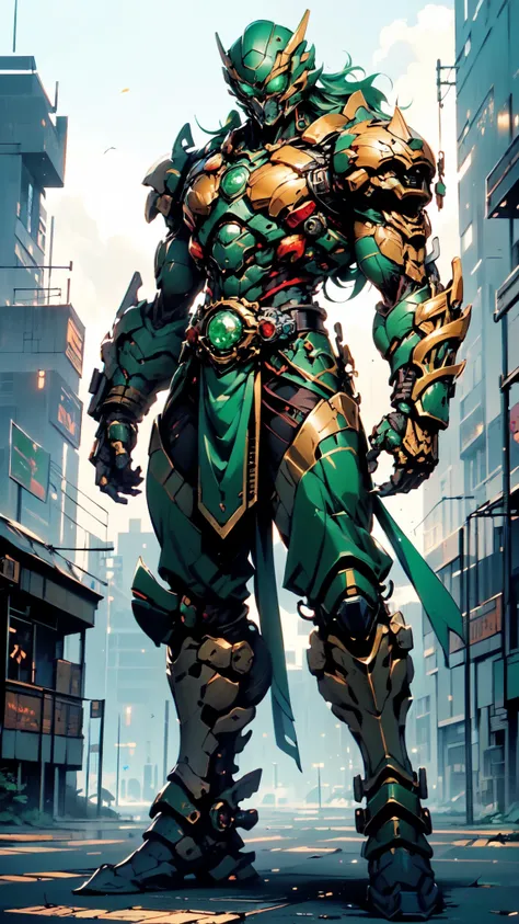 (masterpiece:1.5, best quality:1.5, extremely delicate:1.5), ((male:1.5)), a man wearing a full-face helmet, green eyes, fantasy-style high-tech biomimetic armored combat suit, (a composite layered chest armor), the design balances heavy with agility, full...