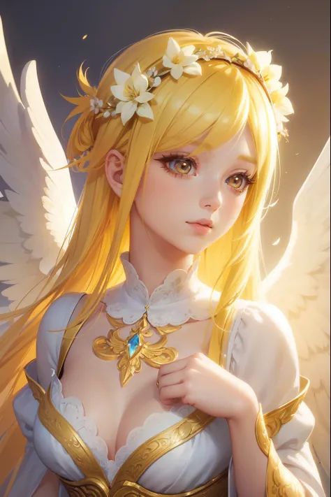 A beautiful young girl with yellow hair and angelic wings, highly detailed anime style illustration, 1girl, detailed facial features, long eyelashes, flower crown, elegant pose, cinematic lighting, vibrant colors, digital painting, masterpiece, photorealis...