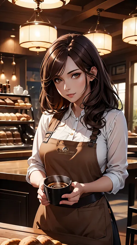 masterpiece,highest quality,Stylish western style cafe,female cafe clerk,(cafe clerk:1.3),(fine clothes),(carry a coffee pot),laughter,Bright atmosphere in the store, highest quality,8K,super high resolution,(Photoreal:1.3),RAW photo、(1 female), ((brown ha...