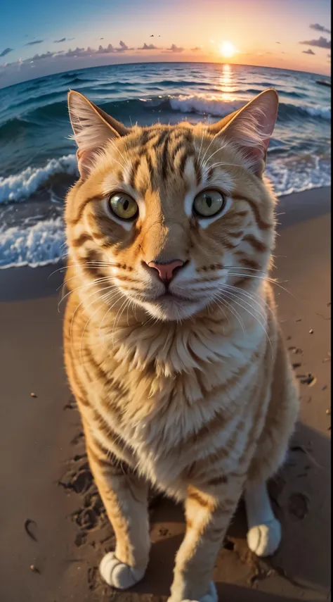 a big fluffy yellow cat taking selfie in a beach, sunset, fisheye lens, establishing shot, pastel color grading, depth of field cinematography effect, film noir genre, 8k resolution, high quality, ultra detail