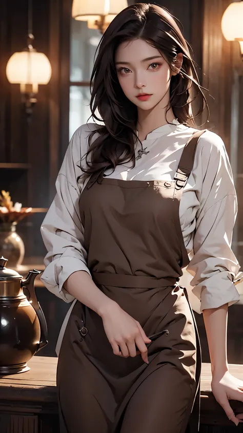 masterpiece,highest quality,Stylish western style cafe,female cafe clerk,(cafe clerk:1.3),(fine clothes),(carry a coffee pot),laughter,Bright atmosphere in the store, highest quality,8K,super high resolution,(Photoreal:1.3),RAW photo、(1 female), ((brown ha...