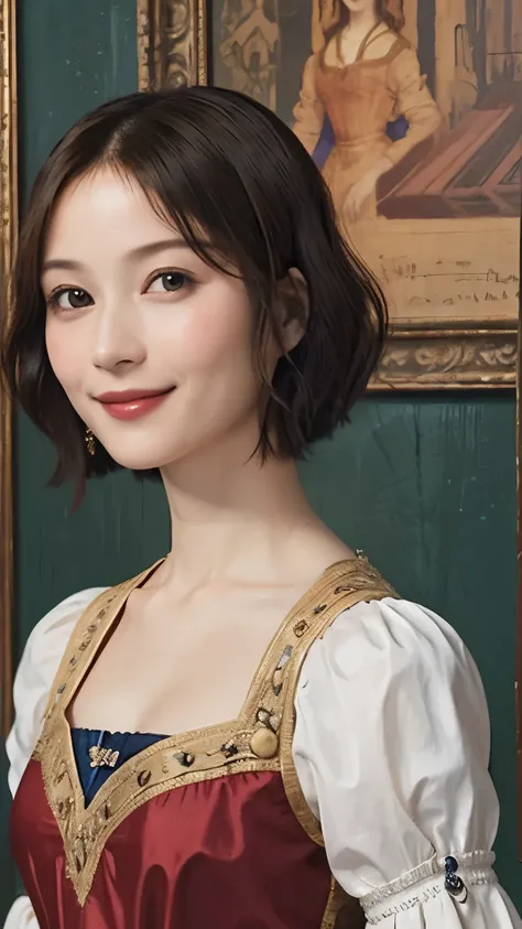 319 (20-year-old woman), ( super real ), (High image quality), ( short bob), (smile), (( in a gorgeous dress )), ((Da Vinci Paintings ))