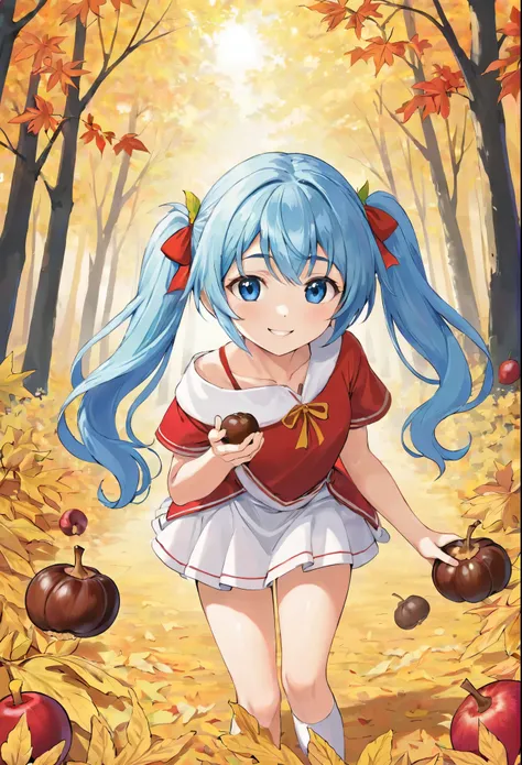 Best Quality、 Hi-Res、 detailed background、  Beautiful Face in Every Detail 、 long light blue hair、 twin-tailed little character picking chestnuts、In the autumn forest、 with Kuma-san、 Sunny、Bright smile