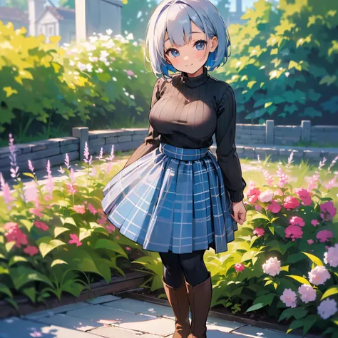 ( high quality,  Hi-Res, Very detailed, reality:1.37), Peaceful atmosphere, (Outdoor, garden), Teenage girl standing alone, (My breasts are large.), Beautiful details,  cute smile, (Black Bob), Ribbed sweater,  blue plaid skirt, Black tights, Brown boots.