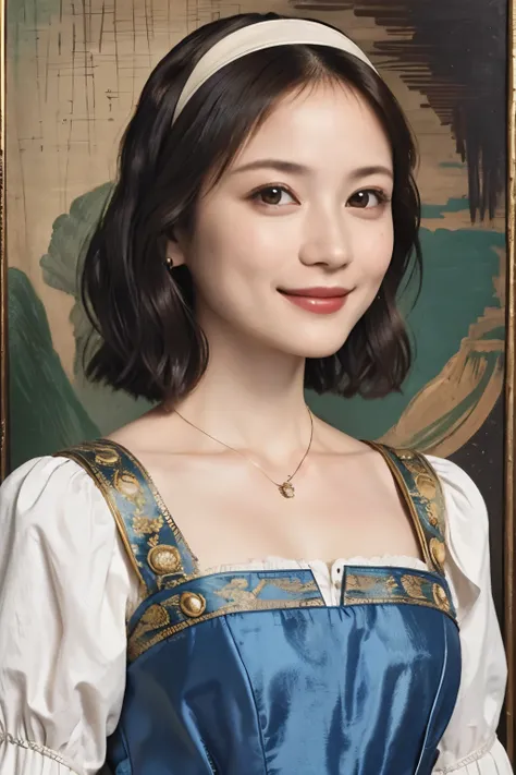 319 ( 20-year-old female), (  super real ), ( High image quality), (  short bob), (smile), ((  in a gorgeous dress )), ((Da Vinci painting  ))