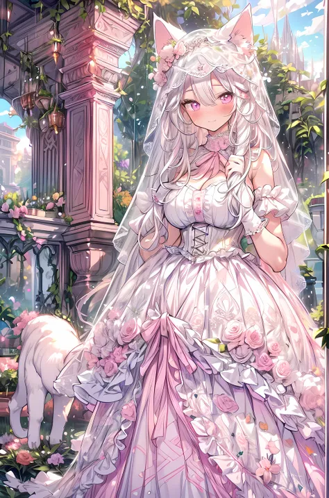 medium-long shot, full-body illustration, full-dress shot, candid portrait, (cat girl, solo:1.5), in love, beautiful gorgeous captivating cute adorable princess, (white cat ears:1.5), (blushing:1.5), nose blush, (pink eyes:1.5) , (((hyper detail delicate b...